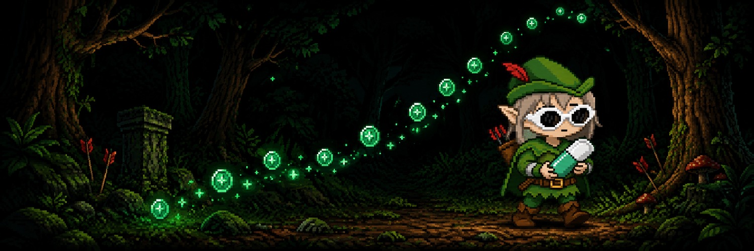 Alon Robin walking through a dark pixel-art forest under a trail of glowing green coins