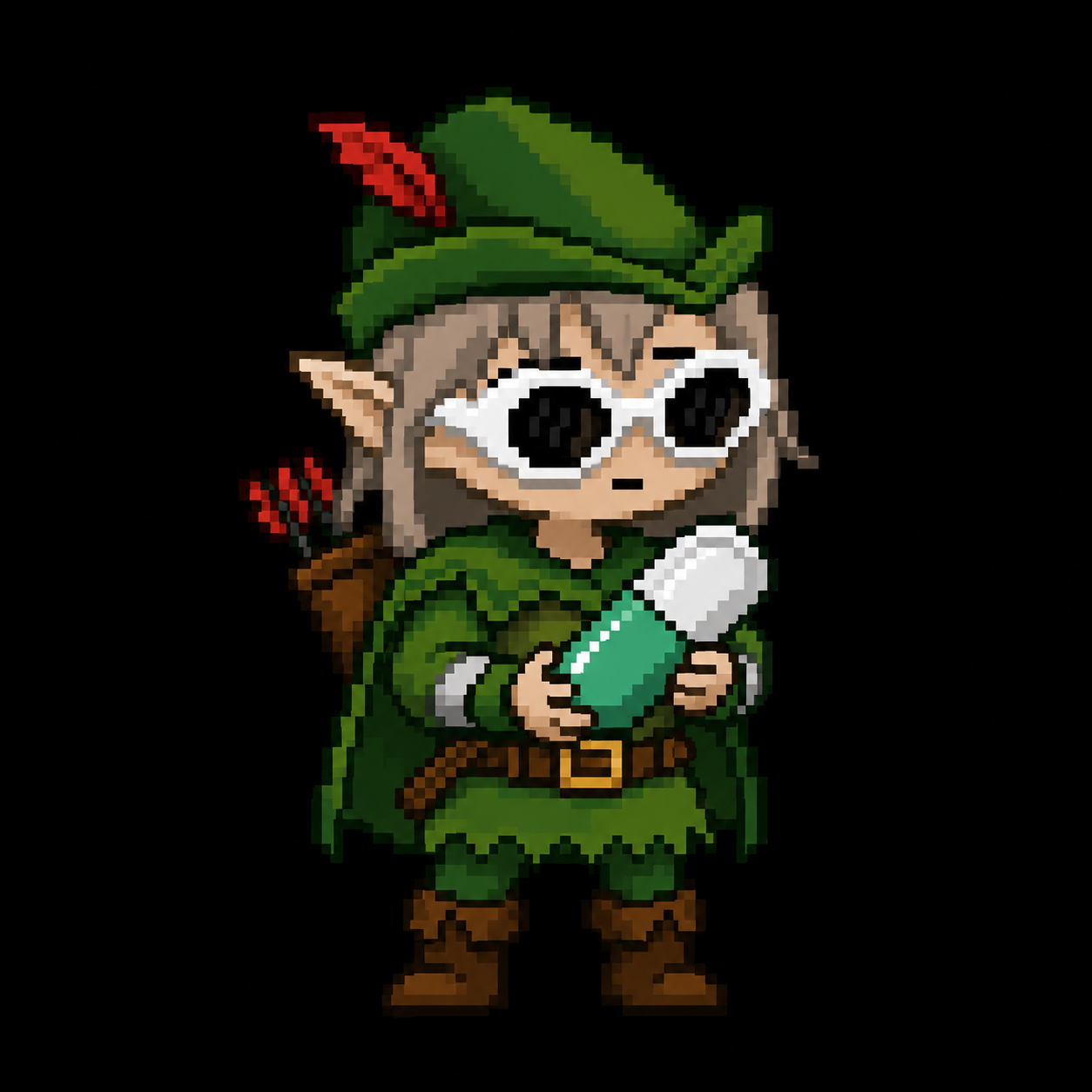 Pixel-art elf outlaw Alon Robin in green, holding a scroll
